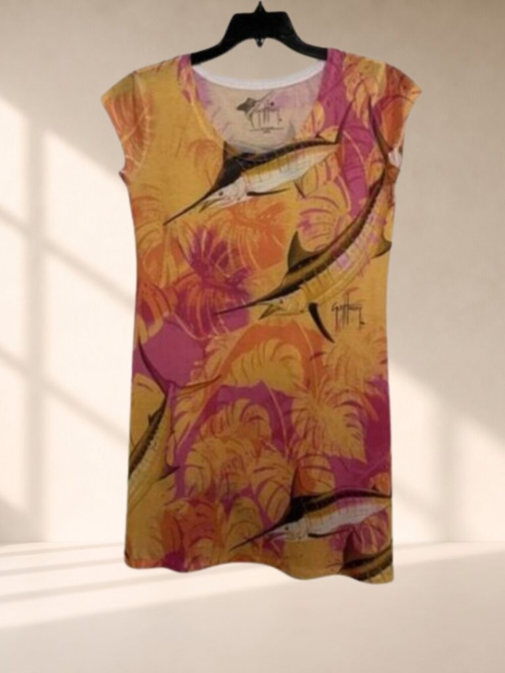 Guy Harvey Orange Tropical Marlin Tee Dress Coastal Resort Wear Size Small - Picture 2 of 10
